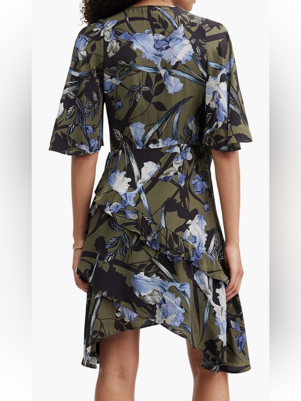 AllSaints Olive and Blue Floral High-Low Wrap Dress - Picture 2 of 6